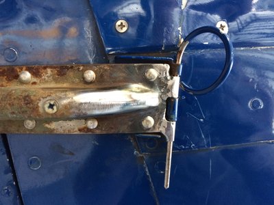 Repaired upper door hinge, note extended repair on short hinge segment