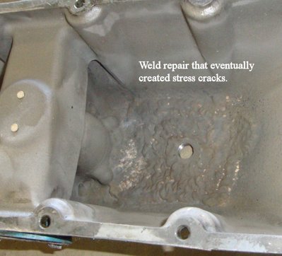 Inside cracked oil sump